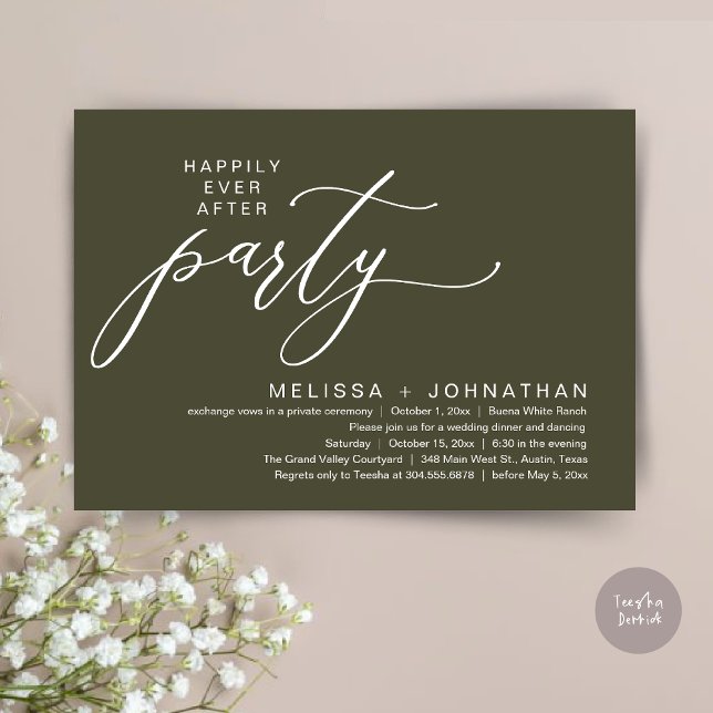 Invitación Fiesta Romántica de Cena de Boda Fugaz con Final F (Romantic Modern Happily Ever After Party Elopement Dinner Invitation Card PDF in Rustic Olive Green)
