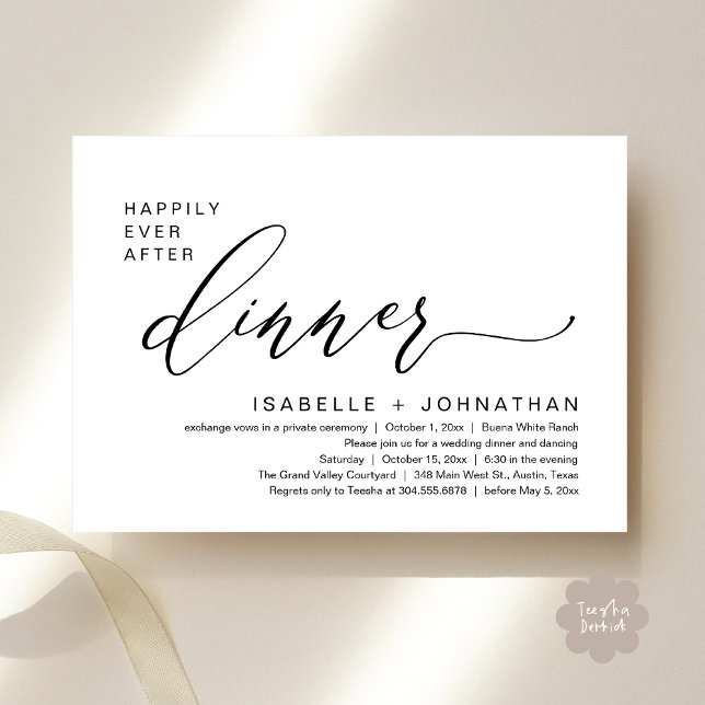 Invitación Fiesta Romántica de Elopement para una Cena Felice (Romantic Modern Happily Ever After Party Elopement Dinner Invitation Card PDF in Classy Black White)