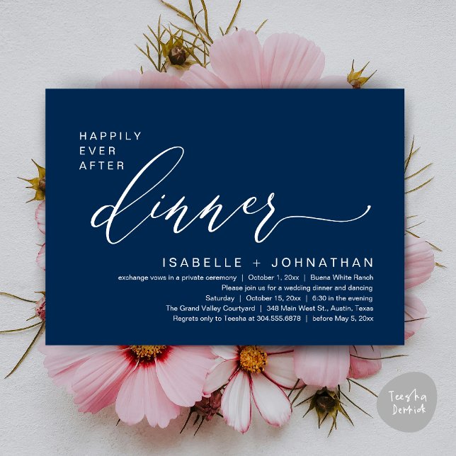 Invitación Fiesta Romántica de Elopement para una Cena Feliz  (Romantic Modern Happily Ever After Party Elopement Dinner Invitation Card PDF in Classy Navy Blue)