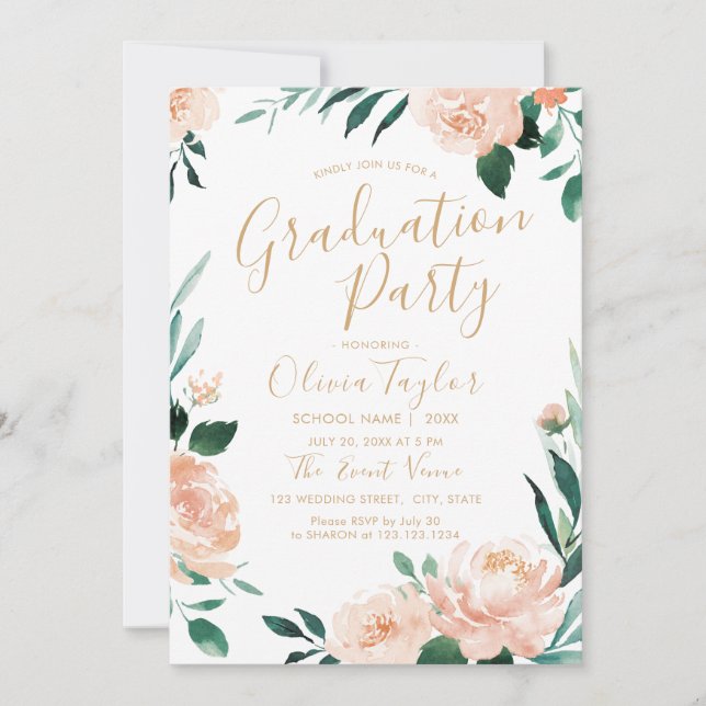Invitación Fiesta romántica de graduación floral de acuarela  (Anverso)