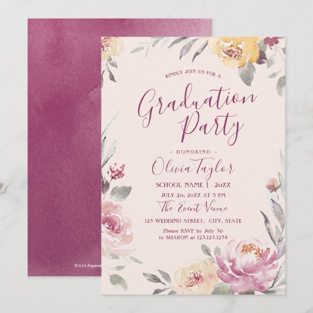 Invitación Fiesta romántica de graduación floral de acuarela  (Anverso / Reverso)