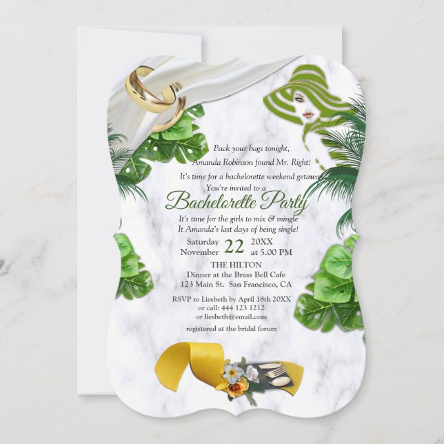 Invitación Fiesta Romántica de la Bachelorette Tropical (Anverso)