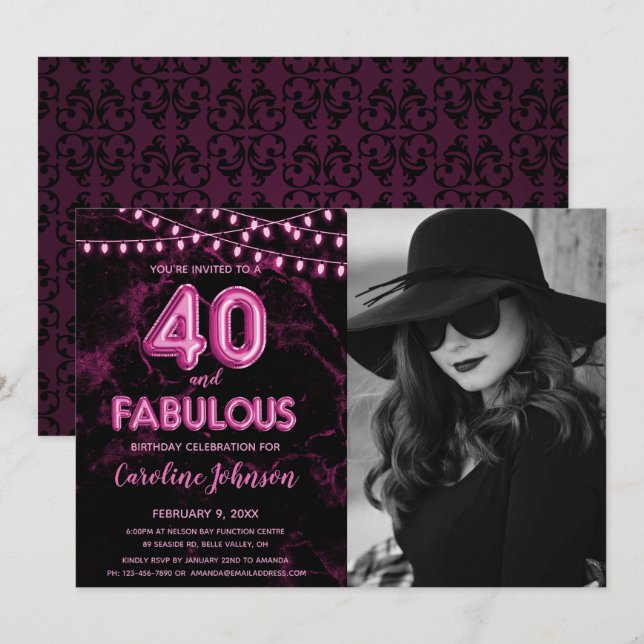 Invitación Fiesta Rosa 40 de cumpleaños - 40 y fabuloso (Anverso / Reverso)