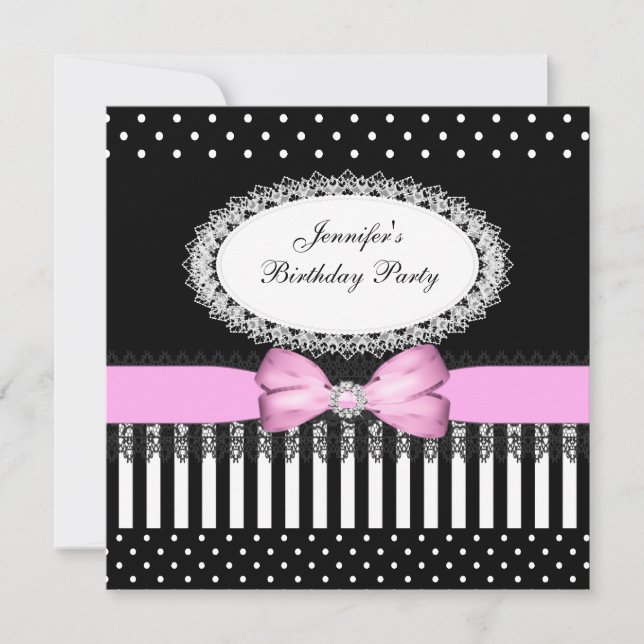 Invitación Fiesta Rosa Bow Black White Polka Dots (Anverso)