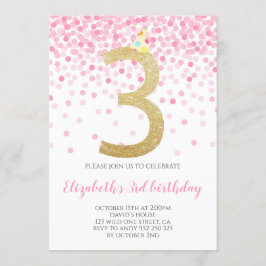 Invitación Fiesta Rosa Confetti Número de oro Chica 3 cumplea