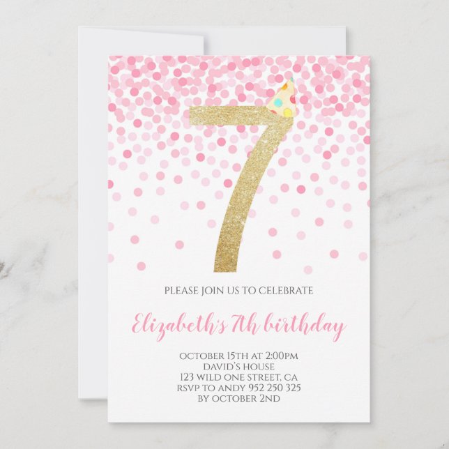 Invitación Fiesta Rosa Confetti Número de Oro Chica 7 Cumplea (Anverso)