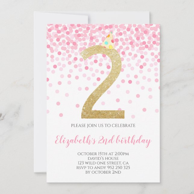Invitación Fiesta Rosa Confetti Número de oro Chica Segundo C (Anverso)