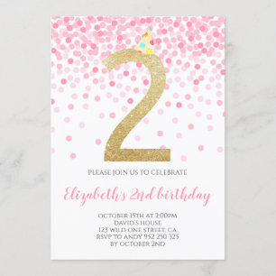 Invitación Fiesta Rosa Confetti Número de Oro Chica Segundo C