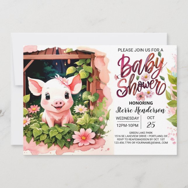 Invitación Fiesta rosa de cerdo Baby Shower floral (Anverso)