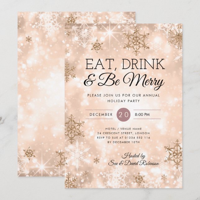 Invitación fiesta Rosa de Navidades de vacaciones de oro "Com (Anverso / Reverso)