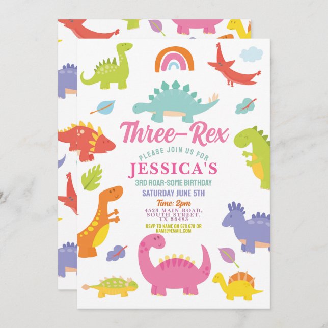 Invitación Fiesta Rosa de Tres Chicas Lindas Dinosaurio Rex (Anverso / Reverso)