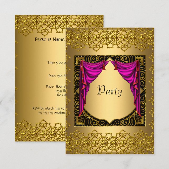 Invitación Fiesta rosa dorado (Anverso / Reverso)