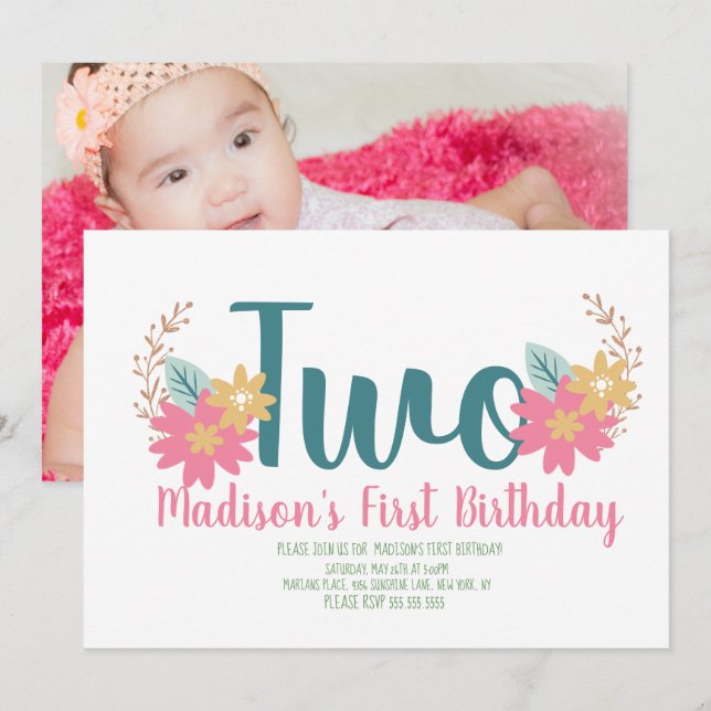 Invitación Fiesta rosa floral de jardín cumple dos años (Anverso / Reverso)