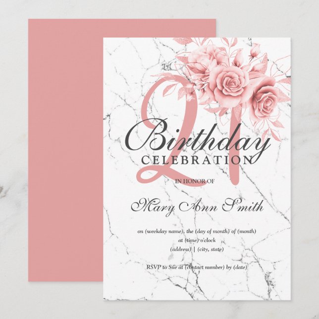 Invitación Fiesta Rosa Gold Floral 21 cumpleaños mármol  (Anverso / Reverso)