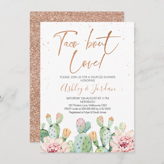 Invitación Fiesta Rosa Gold Taco ''bout Love Couples Shower (Anverso / Reverso)