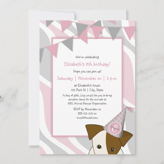 Invitación fiesta rosa gris  cachorro chica de peeking cumple (Anverso)