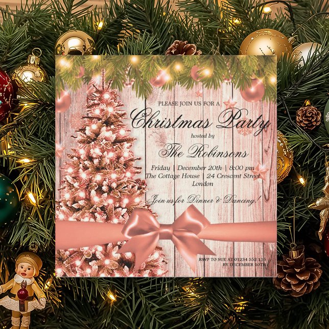 Invitación Fiesta Rosa Navidades de oro | Árbol de Navidad y  (Rose Gold Christmas Party | Xmas Tree & Ribbon Invitation)
