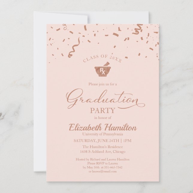 Invitación Fiesta Rosa Oro Rosa Mortar Pestle Pharmacy Grad (Anverso)