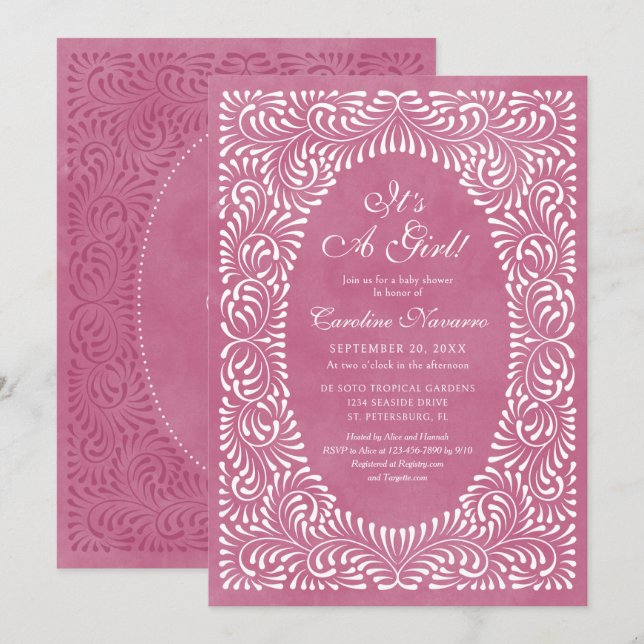 Invitación Fiesta Rosa para Bebé de Talavera Girls (Anverso / Reverso)