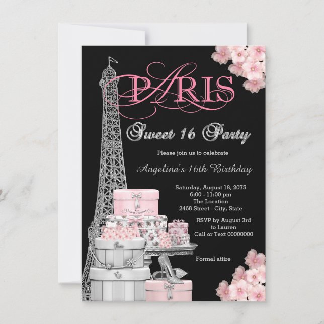 Invitación Fiesta Rosa Paris Sweet 16 (Anverso)