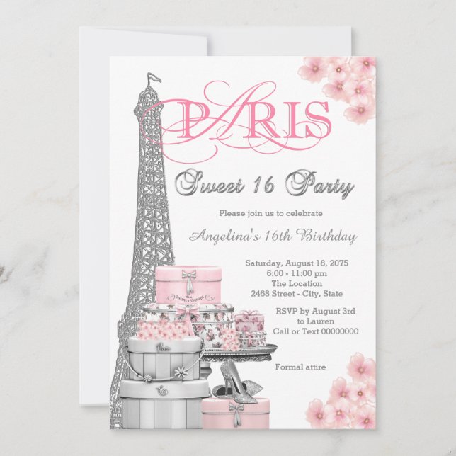 Invitación Fiesta Rosa Paris Sweet 16 (Anverso)