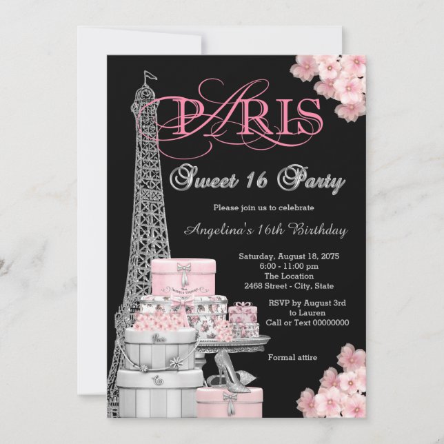 Invitación Fiesta Rosa Paris Sweet 16 (Anverso)