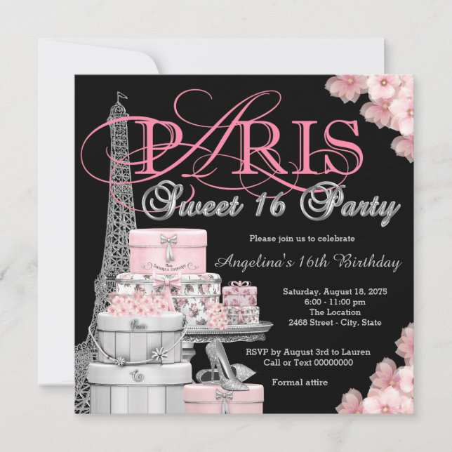 Invitación Fiesta Rosa Paris Sweet 16 (Anverso)