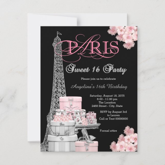 Invitación Fiesta Rosa Paris Sweet 16 (Anverso)