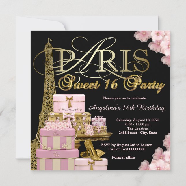 Invitación Fiesta Rosa Paris Sweet 16 (Anverso)
