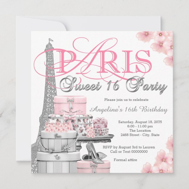 Invitación Fiesta Rosa Paris Sweet 16 (Anverso)