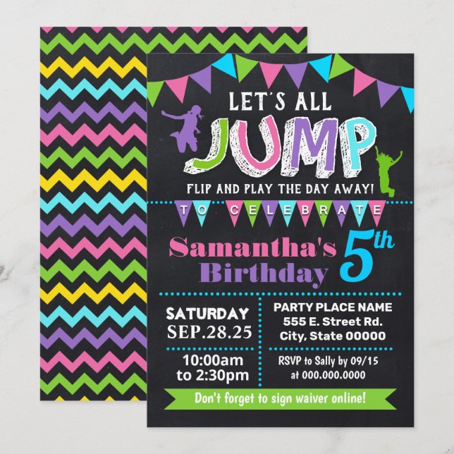 Invitación fiesta rosa trampolín de cumpleaños (Anverso / Reverso)