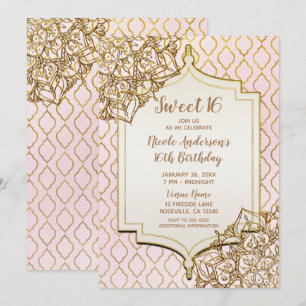 Invitación Fiesta Rosa y Dorado Noches Moras para Sweet 16