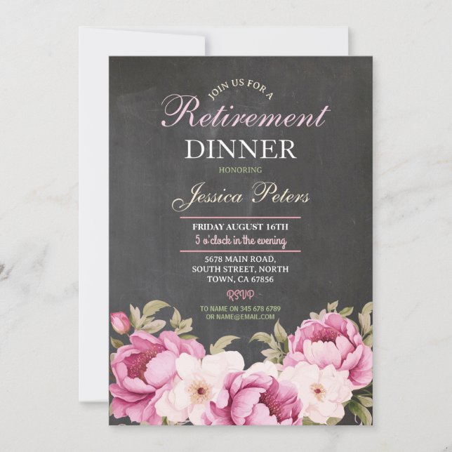 Invitación Fiesta rosada de la cena de retiro floral de mujer (Anverso)
