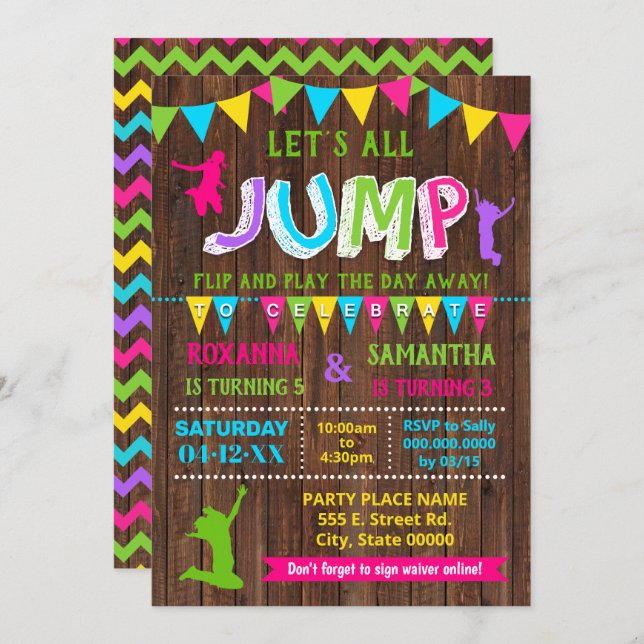 Invitación fiesta rosado combinado trampolino por cumpleaños (Anverso / Reverso)