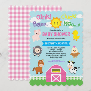Invitación Fiesta rosado de los animales del campo de Baby