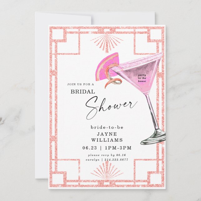 Invitación Fiesta rosado en la ducha de novia de cócteles en  (Anverso)