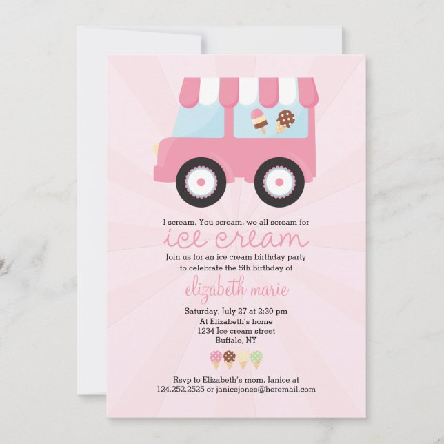 Invitación Fiesta rosado lindo del helado (Anverso)
