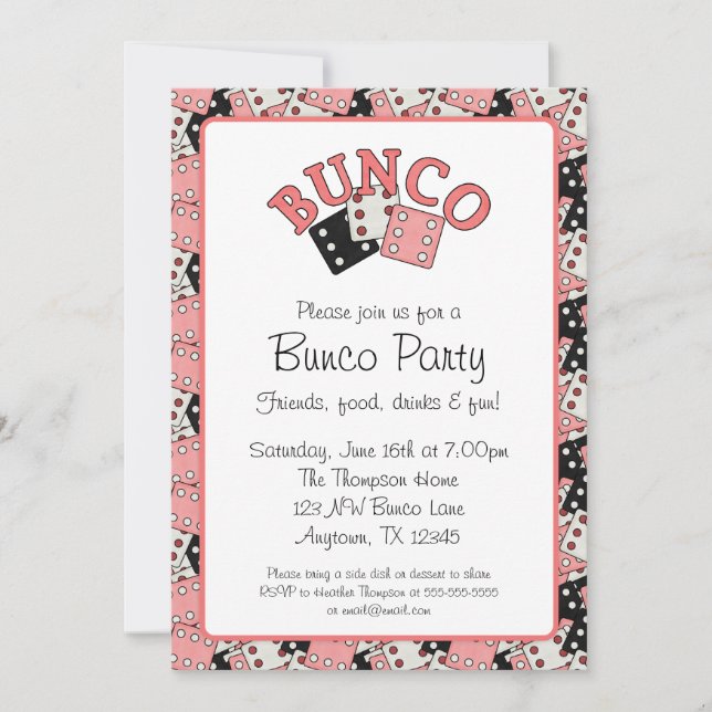 Invitación Fiesta rosado y negro de Bunco (Anverso)