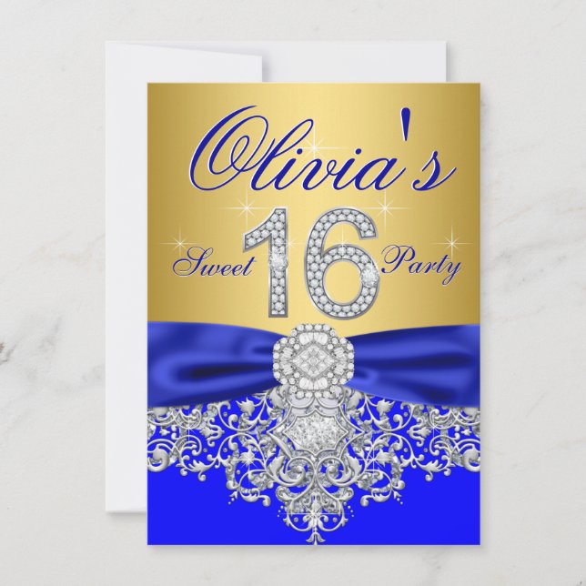 Invitación Fiesta Royal Blue and Gold Sweet 16 (Anverso)