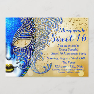 Invitación Fiesta Royal Blue and Gold Sweet 16 Masquerade