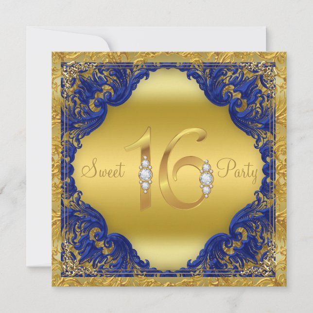 Invitación Fiesta Royal Blue Gold Swirl Sweet 16 (Anverso)