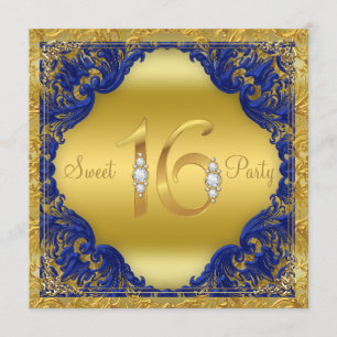Invitación Fiesta Royal Blue Gold Swirl Sweet 16
