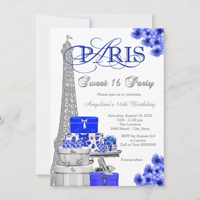 Invitación Fiesta Royal Blue Paris Sweet 16 (Anverso)