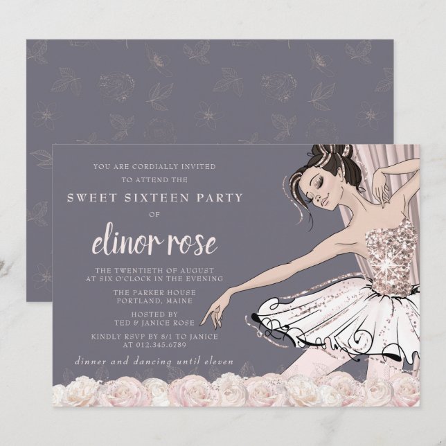 Invitación Fiesta Rubor Pink Ballerina Sweet 16 (Anverso / Reverso)