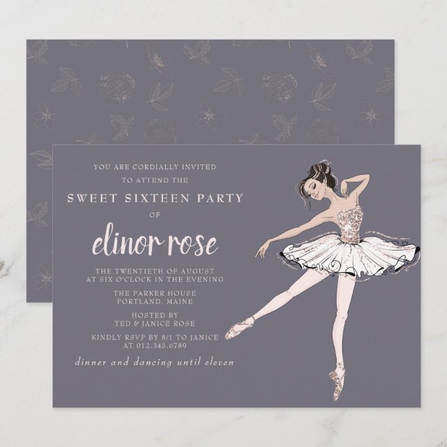 Invitación Fiesta Rubor Pink Ballerina Sweet 16 (Anverso / Reverso)