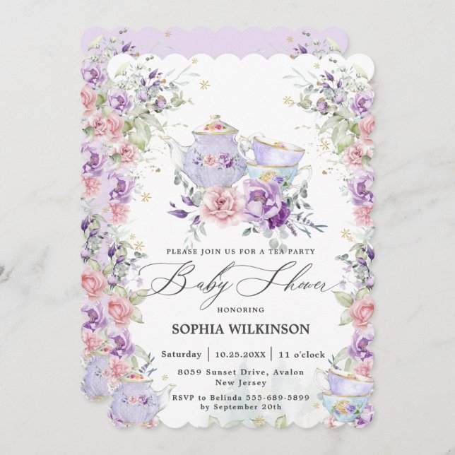 Invitación Fiesta Rubor Pink Purple Floral Baby Shower Tea (Anverso / Reverso)