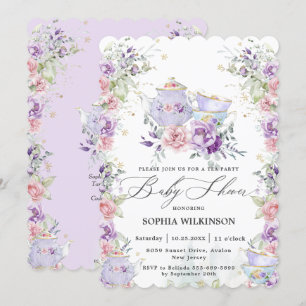 Invitación Fiesta Rubor Pink Purple Floral Baby Shower Tea