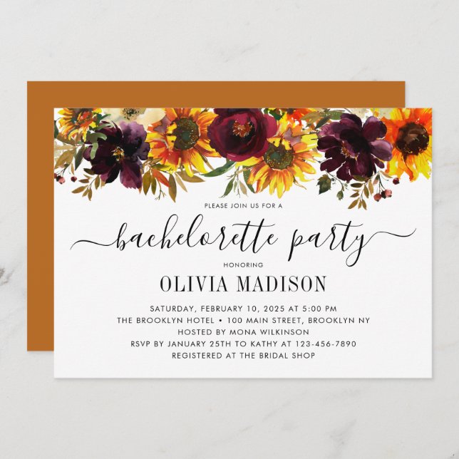 Invitación Fiesta Rustic Autumt Sunflower Floral Bachelorette (Anverso / Reverso)