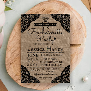 Invitación Fiesta Rustic Burlap & Black Lace Bachelorette