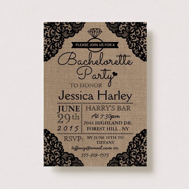 Invitación Fiesta Rustic Burlap & Black Lace Bachelorette (Subido por el creador)